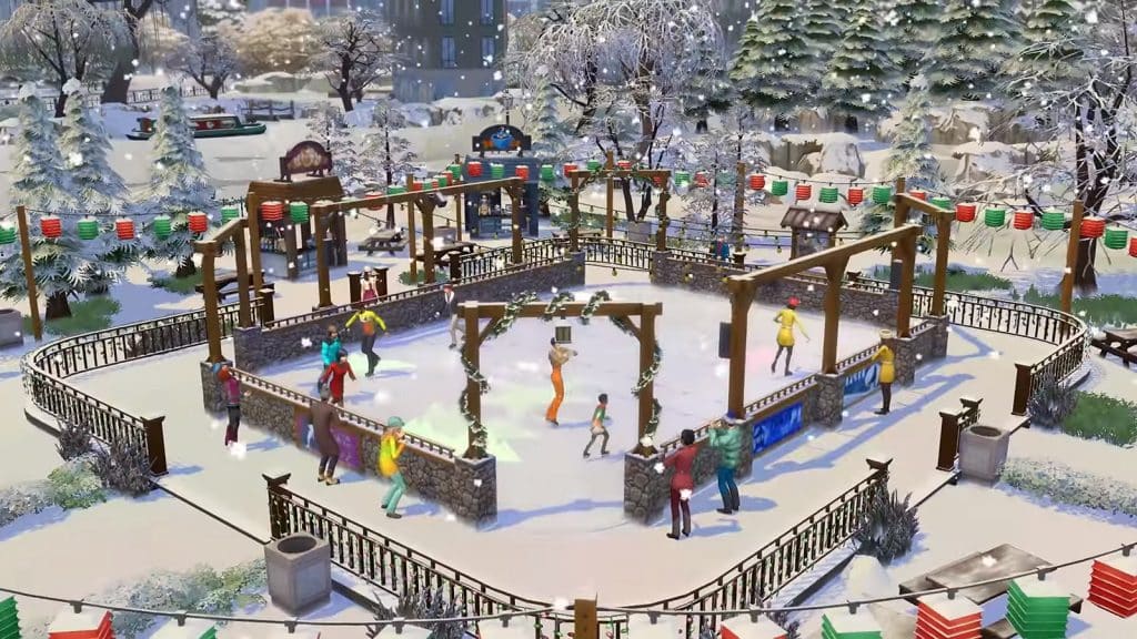 Екранна снимка от трейлъра на Sims 4 Seasons със Sims на пързалка за кънки на лед