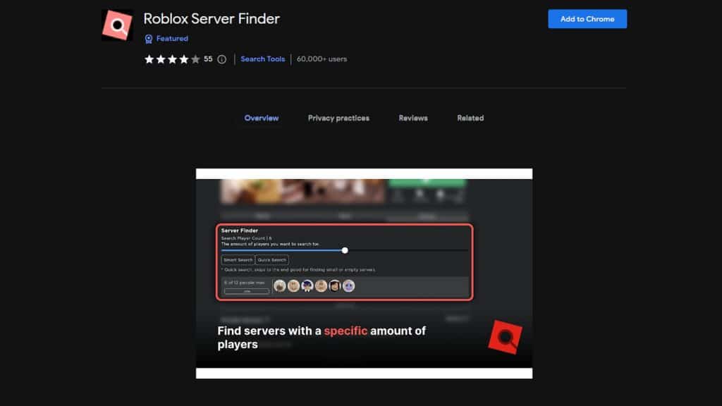 Un'immagine dell'estensione di Roblox Server Finder