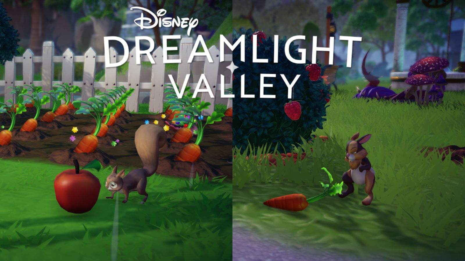 Fôring av et ekorn og en kanin i Disney Dreamlight Valley