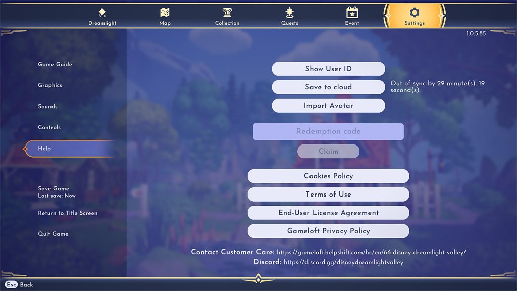 Екранът на менюто за помощ с полето за изкупуване на кодове в долината на Disney Dreamlight