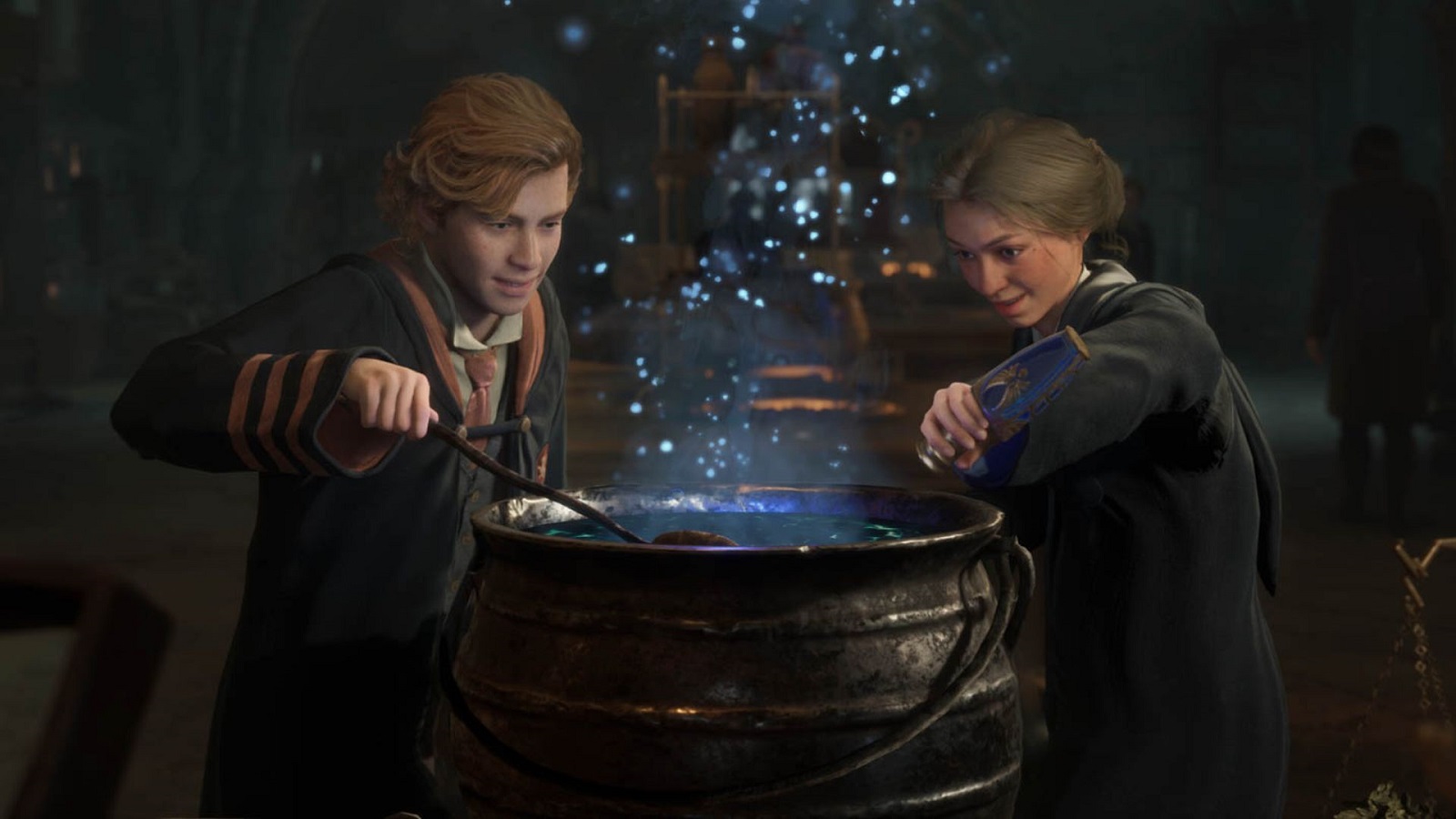 Deux sorciers fabriquant une potion dans l'héritage de Poudlard