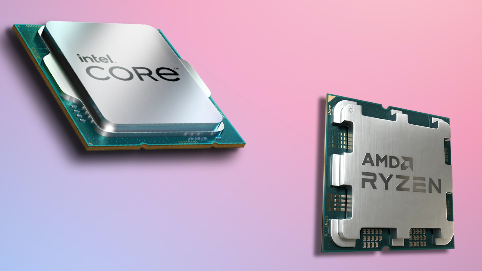 Una CPU Intel y una CPU AMD sobre un fondo rosa