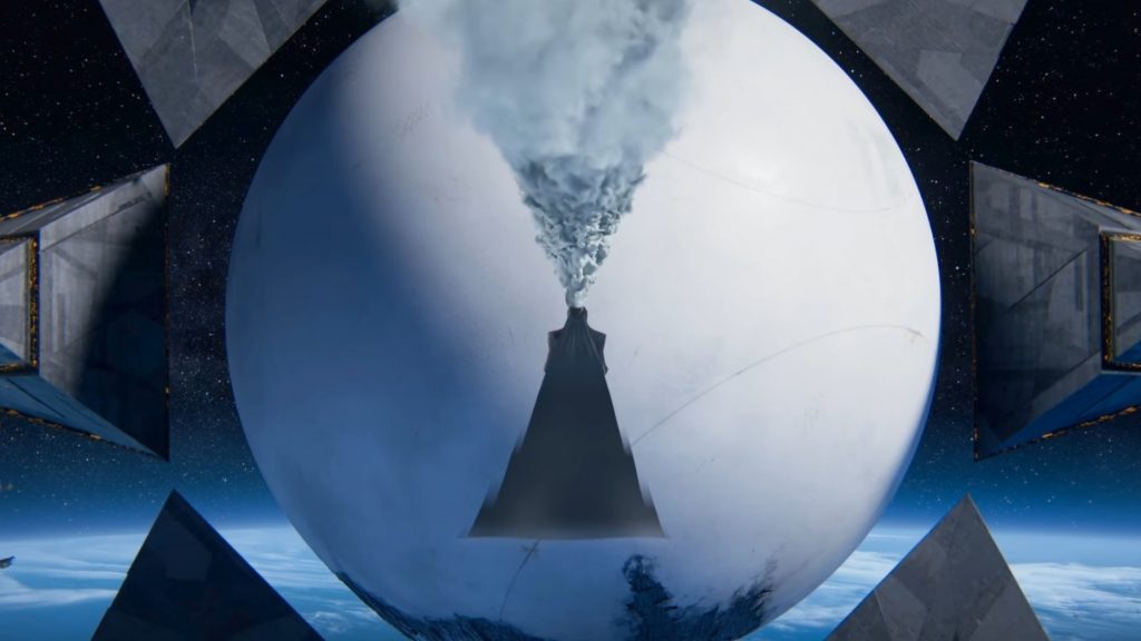El testigo se acerca al viajero que está rodeado de barcos piramidales en Destiny 2: Lightfall