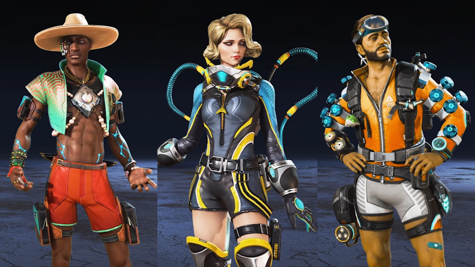 Seer, Catalyst và Mirage mặc trang phục sự kiện Sun Squad của họ trong Apex Legends