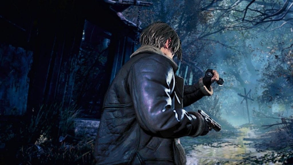 Leon Kennedy usando la linterna en Resident Evil 4 Remake