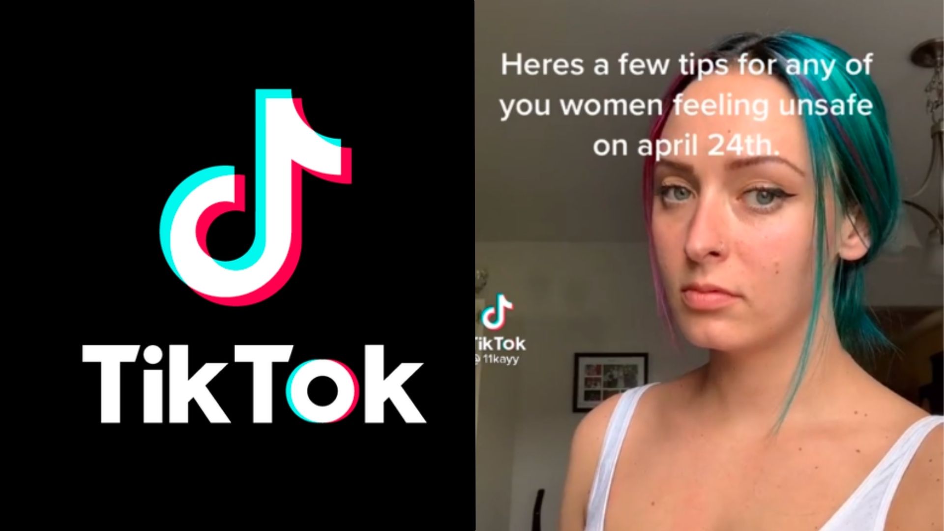 Tiktok -logo sammen med kvinden, der ser på skærmen med billedtekst til tip