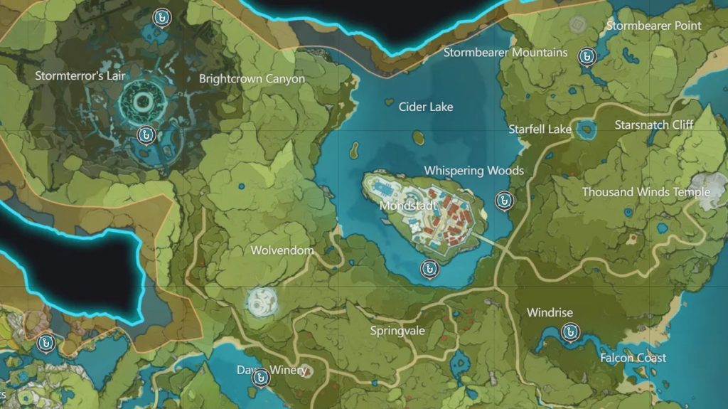 Lokasi yang ditandakan setiap tempat memancing di Mondstadt melalui peta interaktif Tevyat
