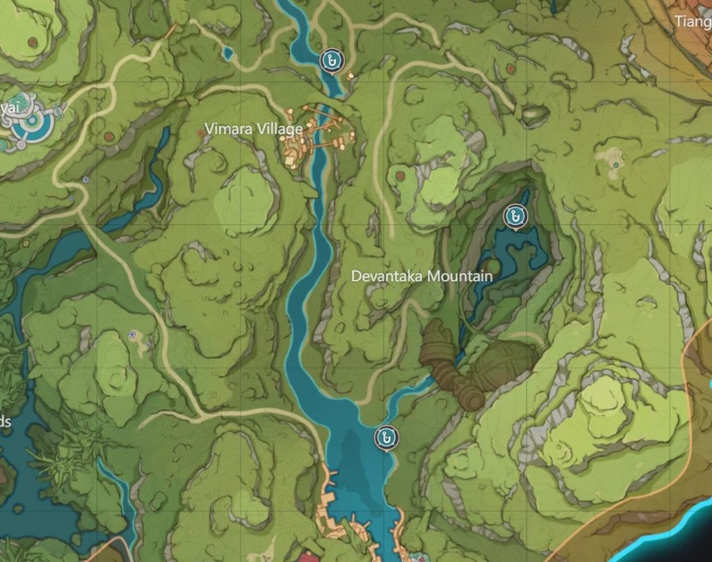 Tevyat interaktif haritası ile işaretlenmiş güney Sümeru yağmur ormanındaki her balıkçılık yeri