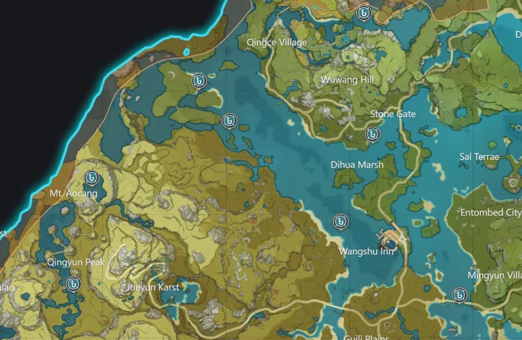 Setiap lokasi memancing ke utara Liyue ditandakan melalui peta interaktif Tevyat