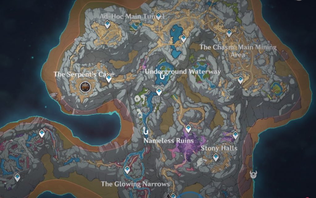 Setiap lokasi memancing di dalam jurang yang ditandakan melalui peta dalam permainan