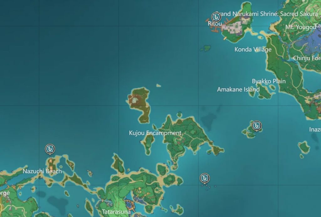 Mọi điểm câu cá ở đảo Narukami và Kannazuka được đánh dấu thông qua bản đồ tương tác Tevyat