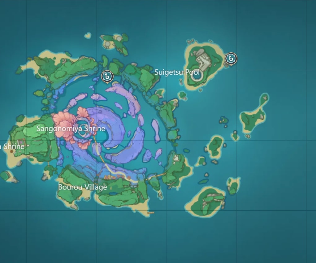 Setiap tempat memancing utama di Pulau Watatsumi ditandakan melalui peta interaktif Tevyat