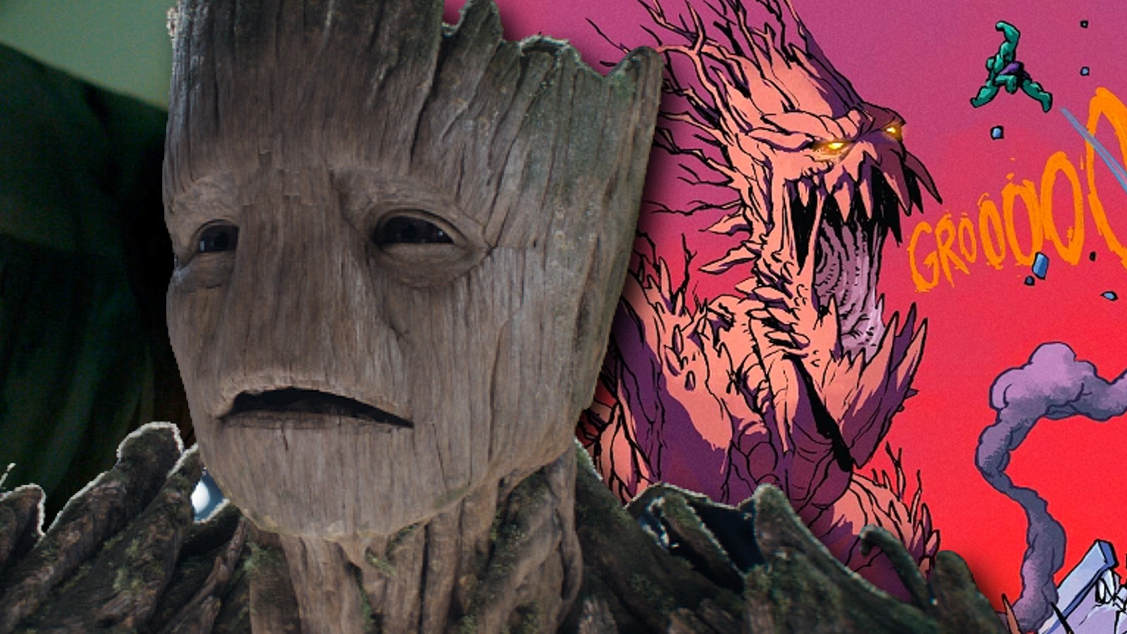 Groot i Guardians of the Galaxy Vol 3 och en stillhet av Kaiju Groot från serierna