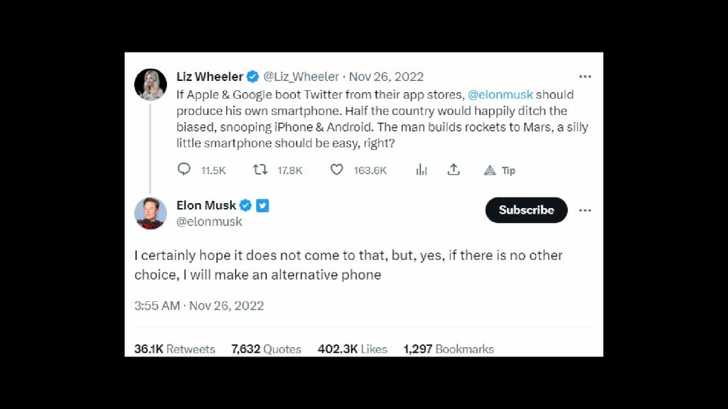 Elon Musk faisant allusion au téléphone Tesla dans l'un de ses tweets