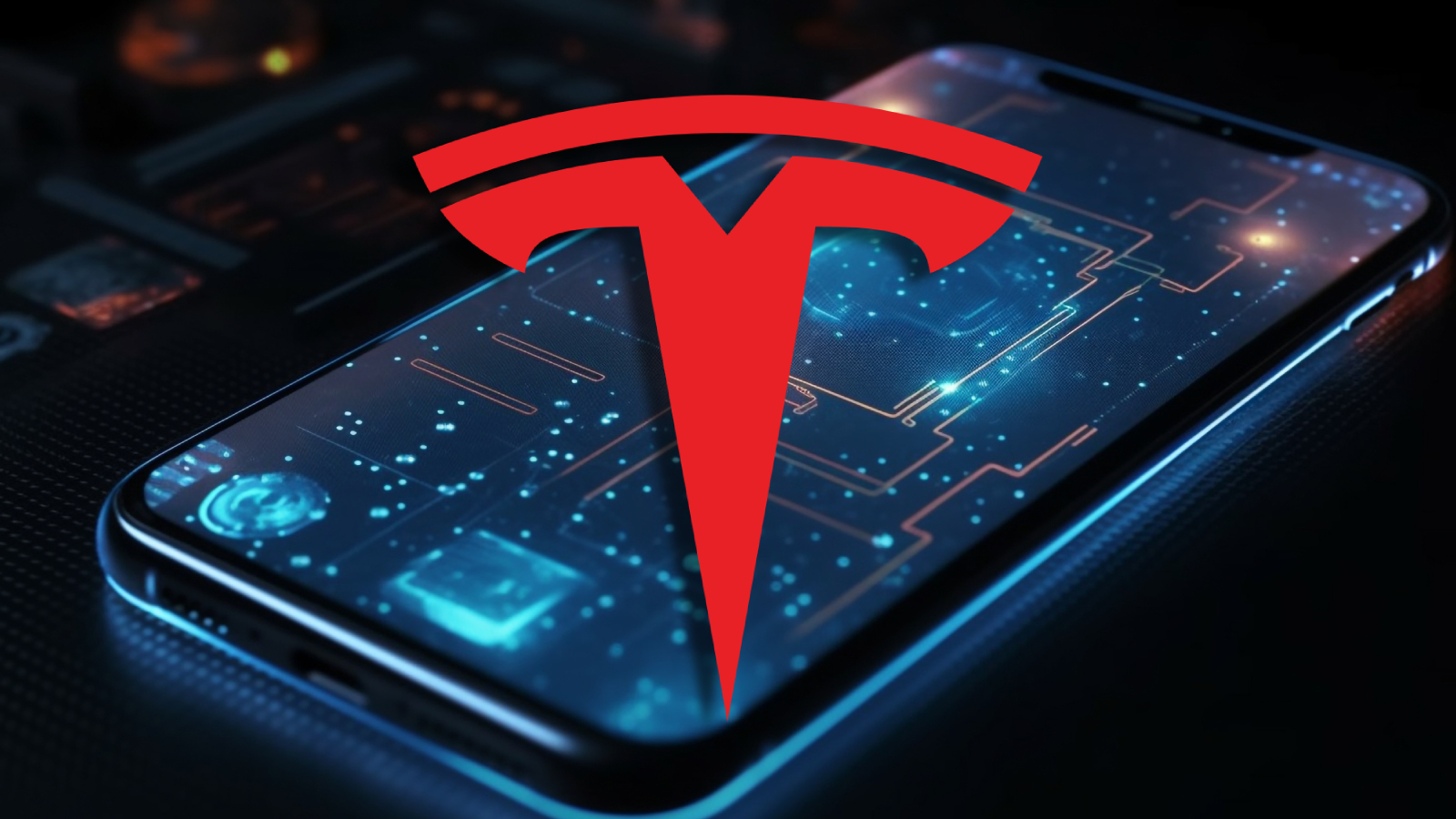 Önde Tesla logosu ile arka planda bir akıllı telefonun AI tarafından oluşturulan bir görüntüsü