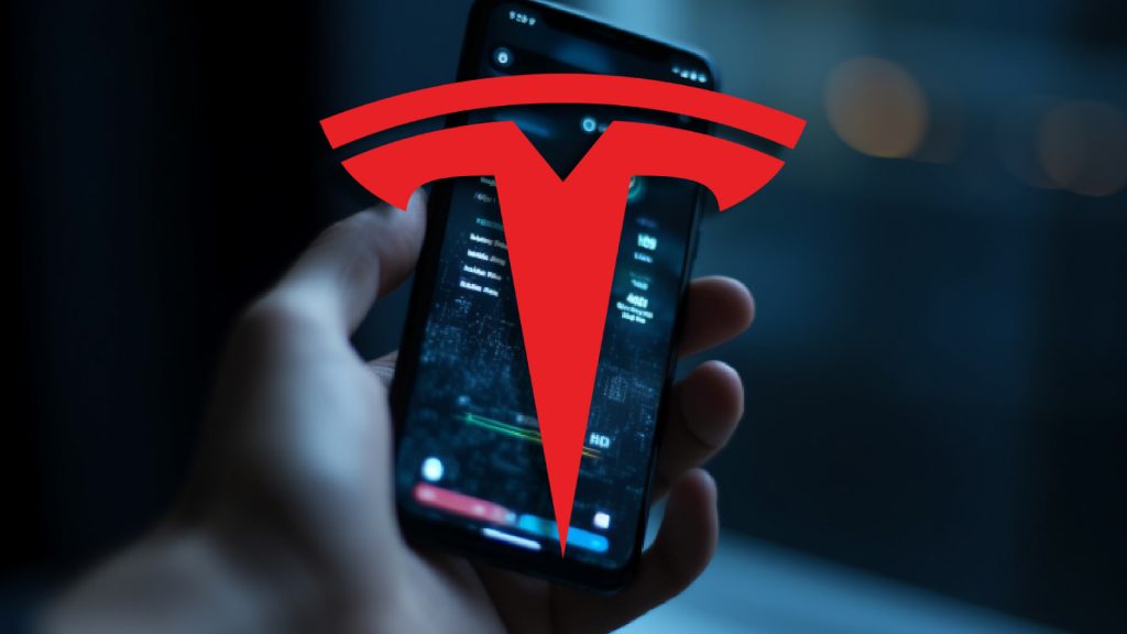 Ein AI-generiertes Bild einer Hand, die ein Smartphone im Hintergrund mit Tesla-Logo an der Vorderseite verwendet