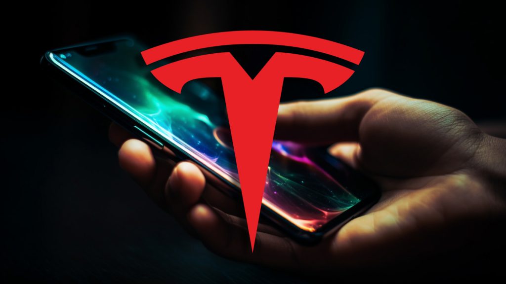 صورة تم إنشاؤها من الذكاء الاصطناعى ليد باستخدام هاتف ذكي في الخلفية مع شعار Tesla في المقدمة