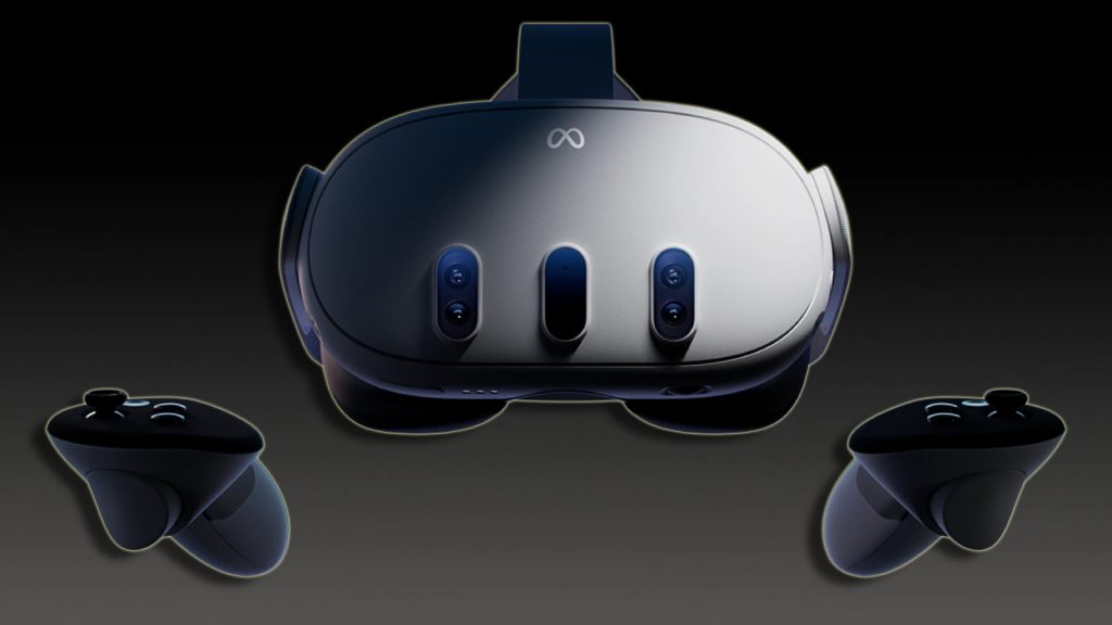 Meta Quest 3 VR Headset und 2 Controller auf einem dunklen Hintergrund
