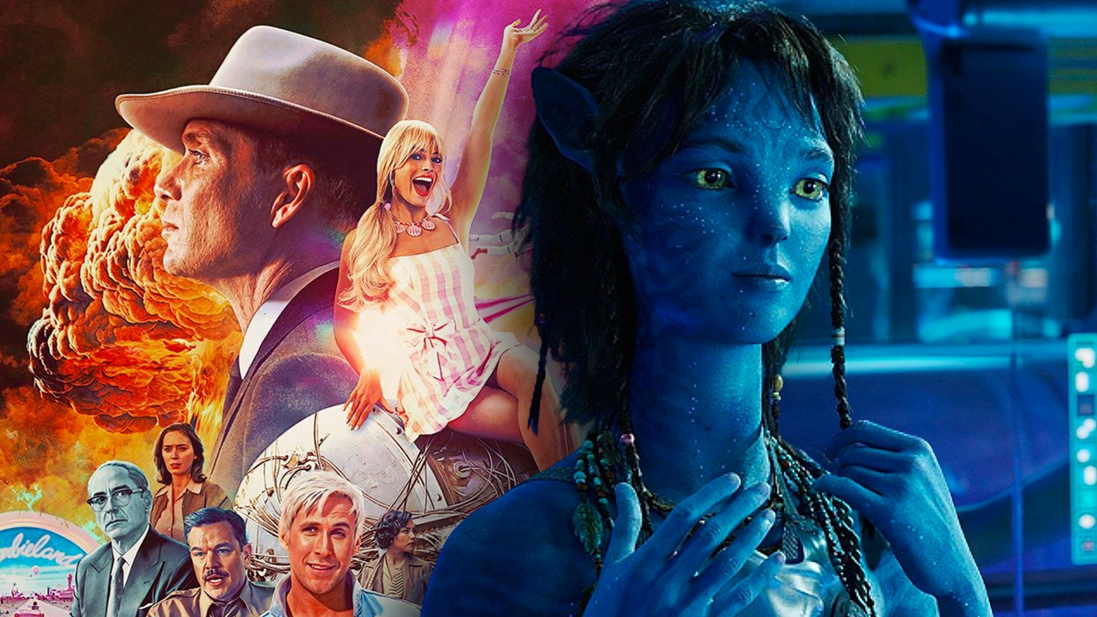 Plakát pro Barbenheimer (Barbie a Oppenheimer) a stále z Avatar 2, jeden z nejvyšších filmů všech dob