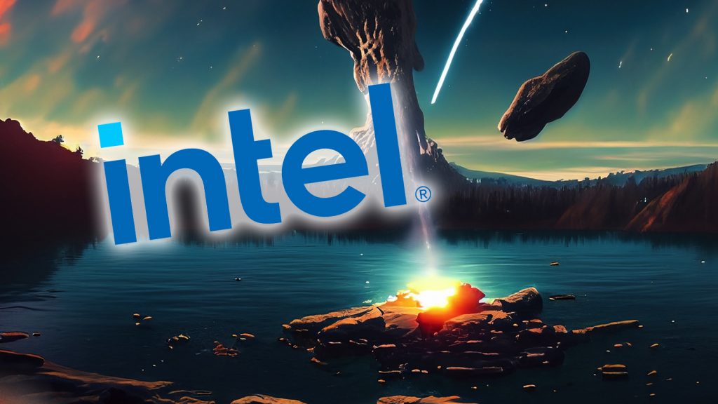 Logo Intel di atas meteor yang menabrak danau, AI dihasilkan