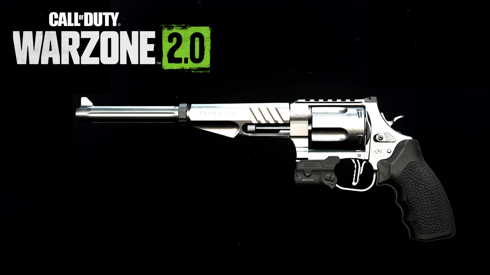 Pistol Basilisk Revolver dari Warzone 2 dengan logo di sudut kiri atas