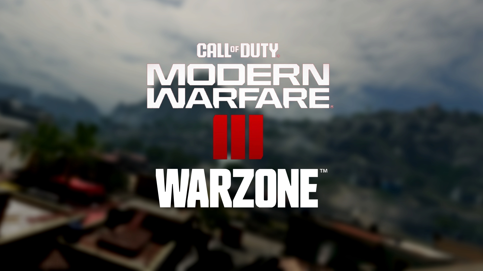 Modern Warfare 3 -logotyp med ny Warzone -logotyp ovanpå suddig bild av Mercado Las Almas