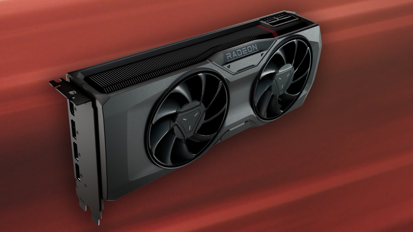 AMD RZ 7700 XT su sfondo rosso