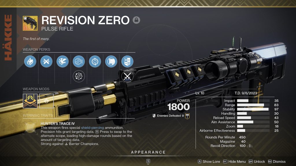 Révisien Zero Rifle Rifle Rifle lan Perks ing Destiny 2