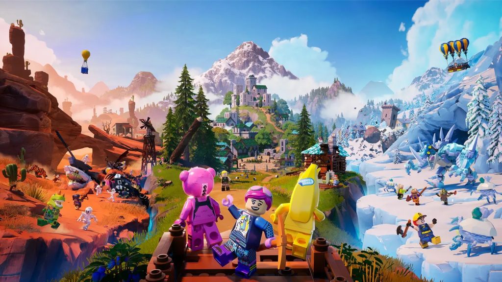 LEGO Fortnite-kunst met personages die de wereld van het spel bekijken