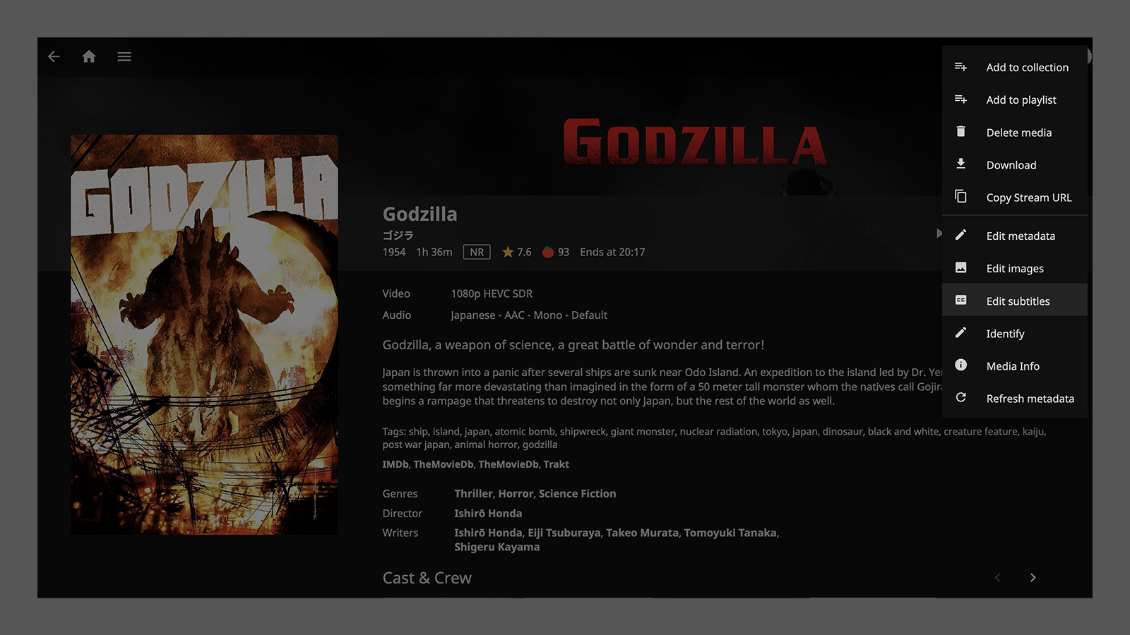 Godzilla movie page on Jellyfin with menu open