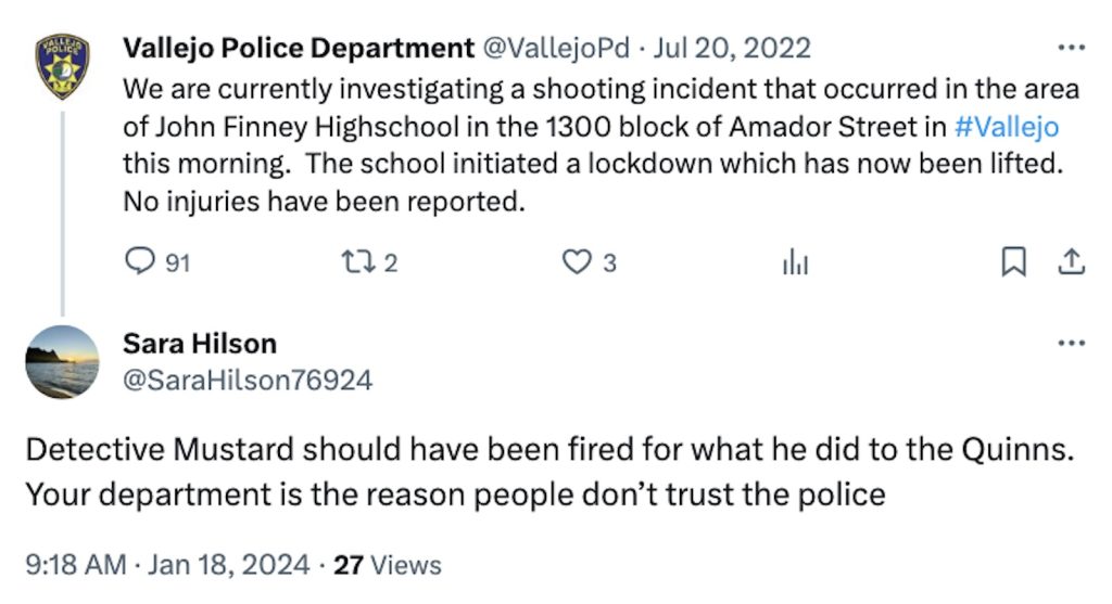 Tweet directed towards the Vallejo Police Department