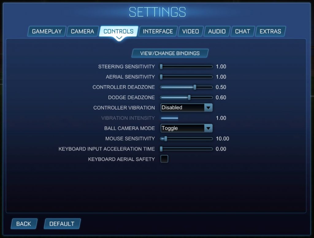 Pantalla de configuración del controlador de Rocket League que muestra la sensibilidad y las zonas muertas.