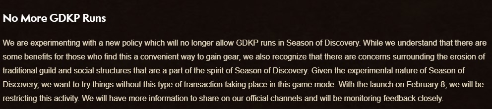 Разработчик WoW подтвердил запрет GDKP во второй фазе сезона Discovery