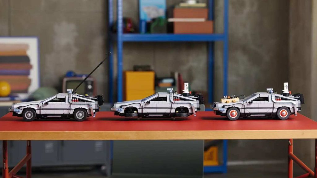 The three versions you can choose to build in the LEGO Icons Back to the Future Time Machine set
