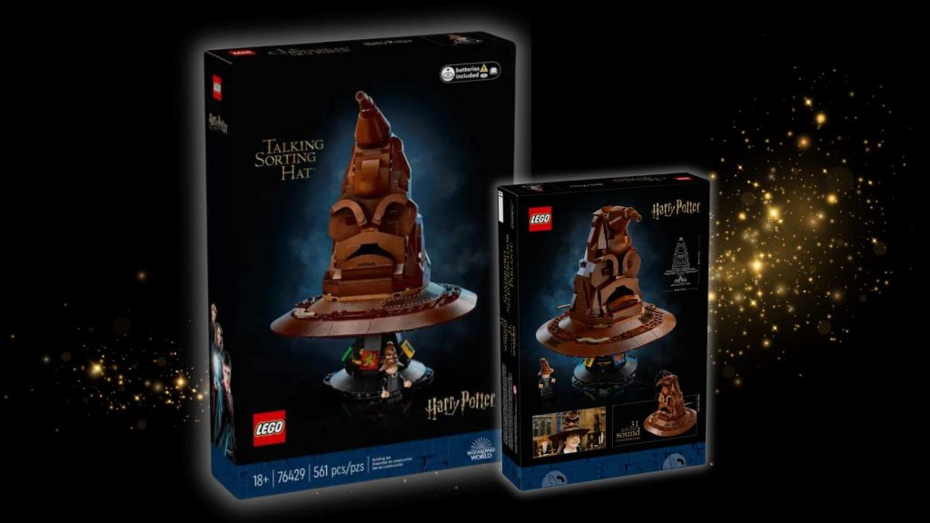 The LEGO Harry Potter Sorting Hat set on a black background with a