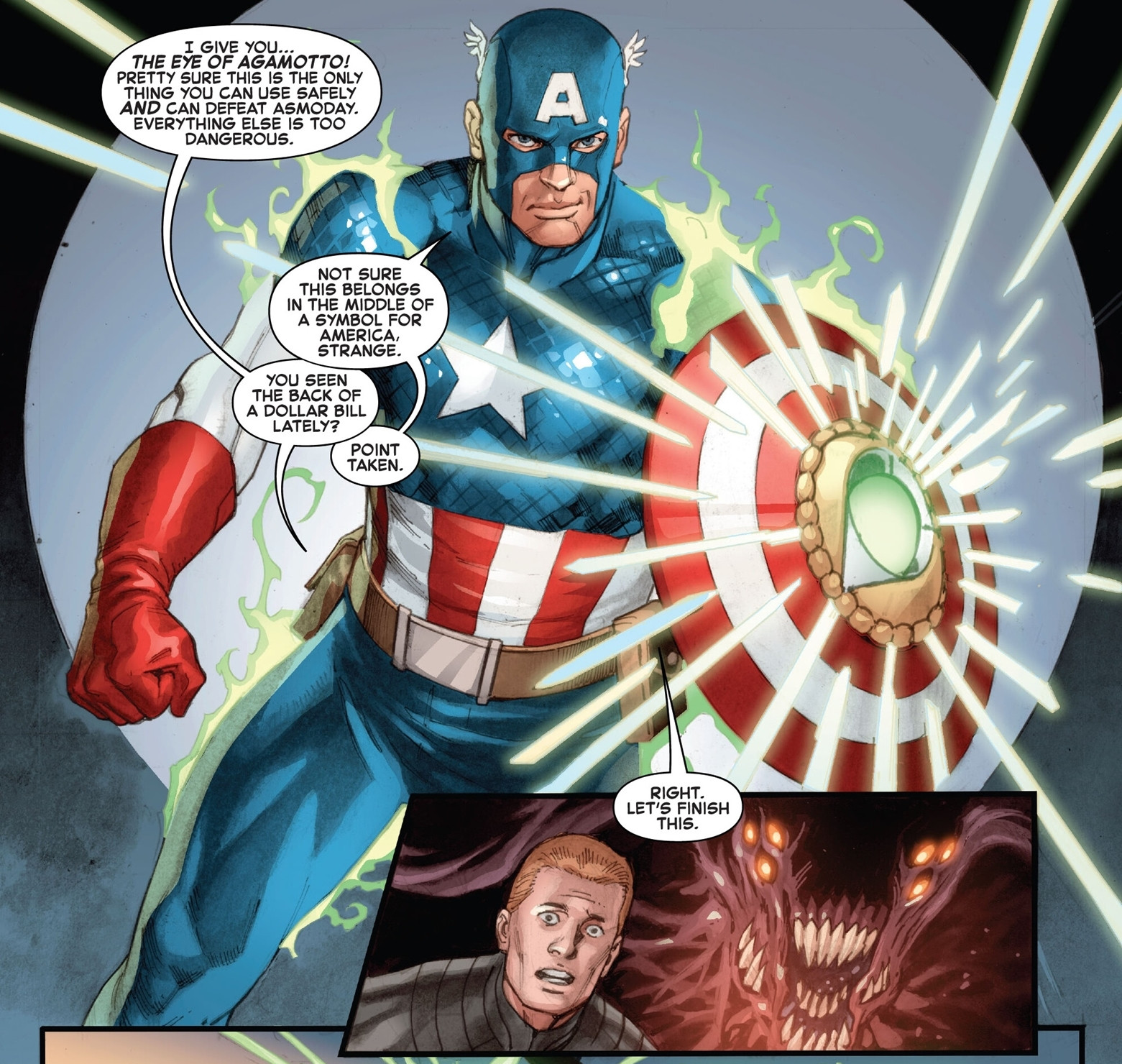 Капитан Америка №6 дает щиту Кэпа огромное магическое улучшение, уничтожающее демонов.