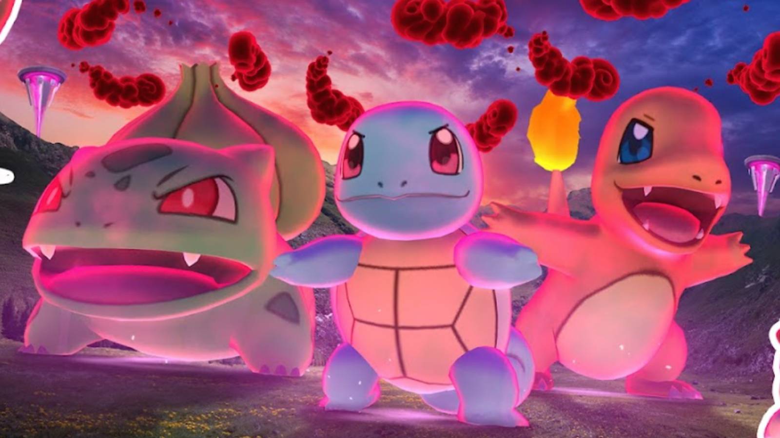 Vengono mostrati Bulbasaur, Charmander e Squirtle