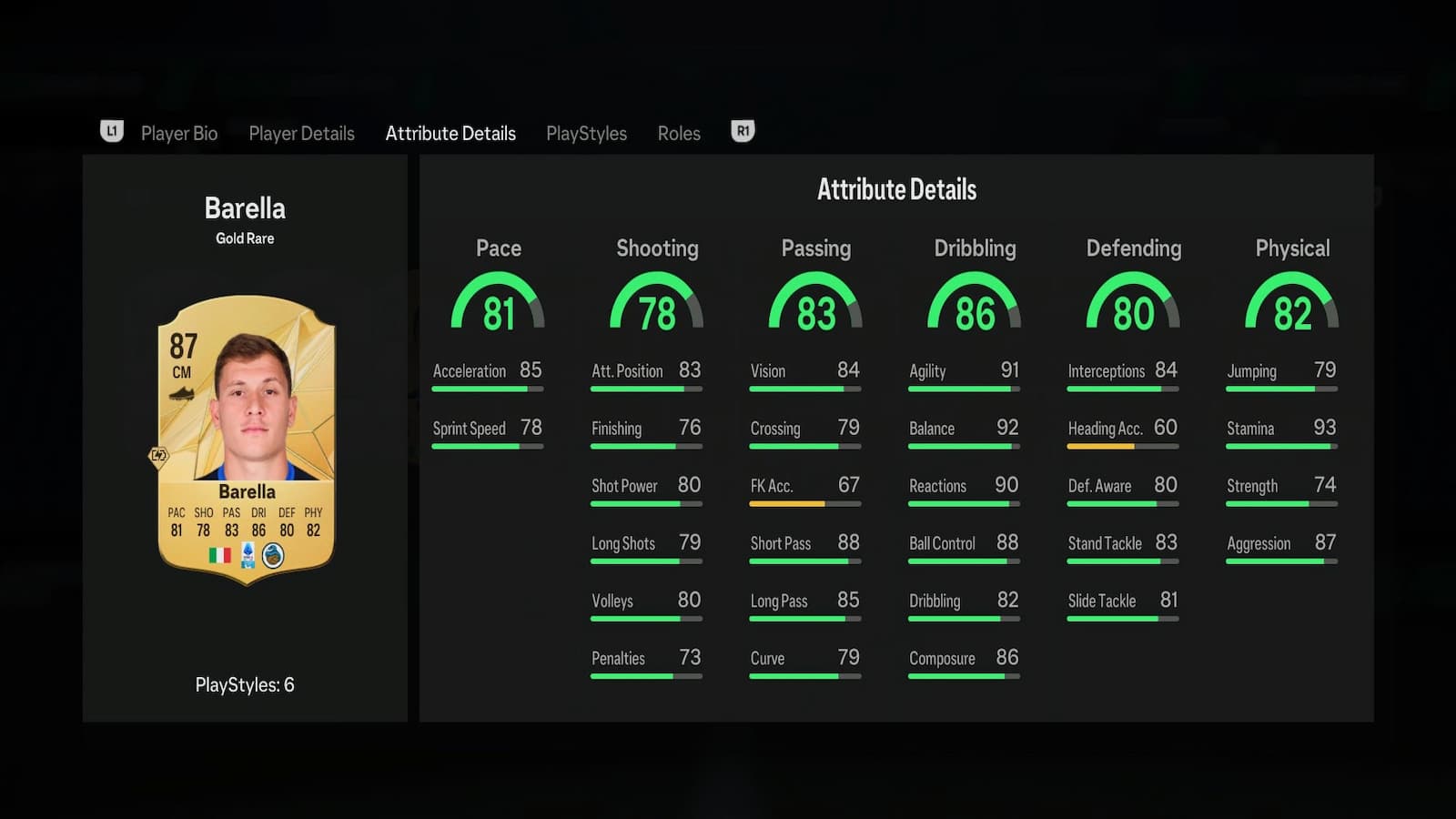 Barella's attributes in EA FC 25