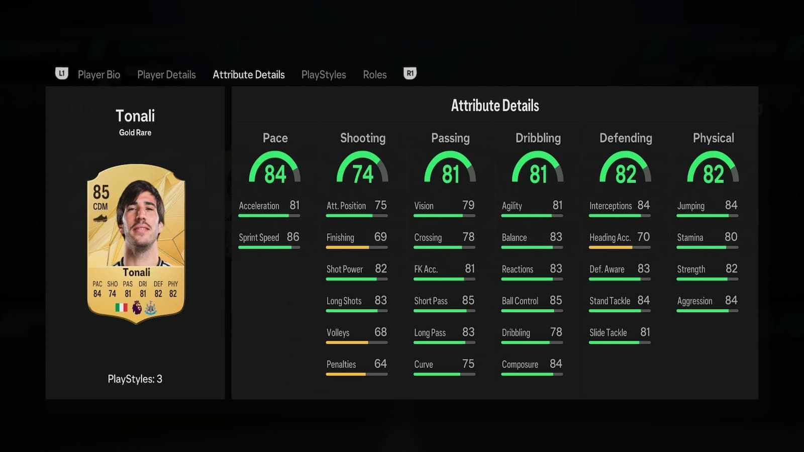 Tonali's attributes in EA FC 25