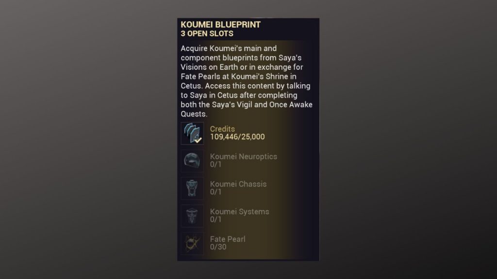 Os custos do Blueprint Koumei no Warframe